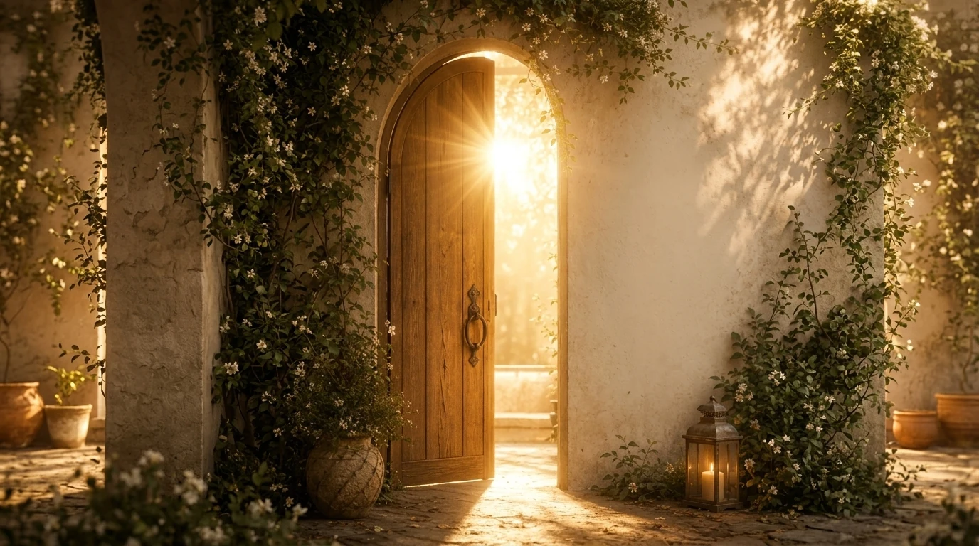 La puerta de madera entreabierta de ELDANAI con luz dorada