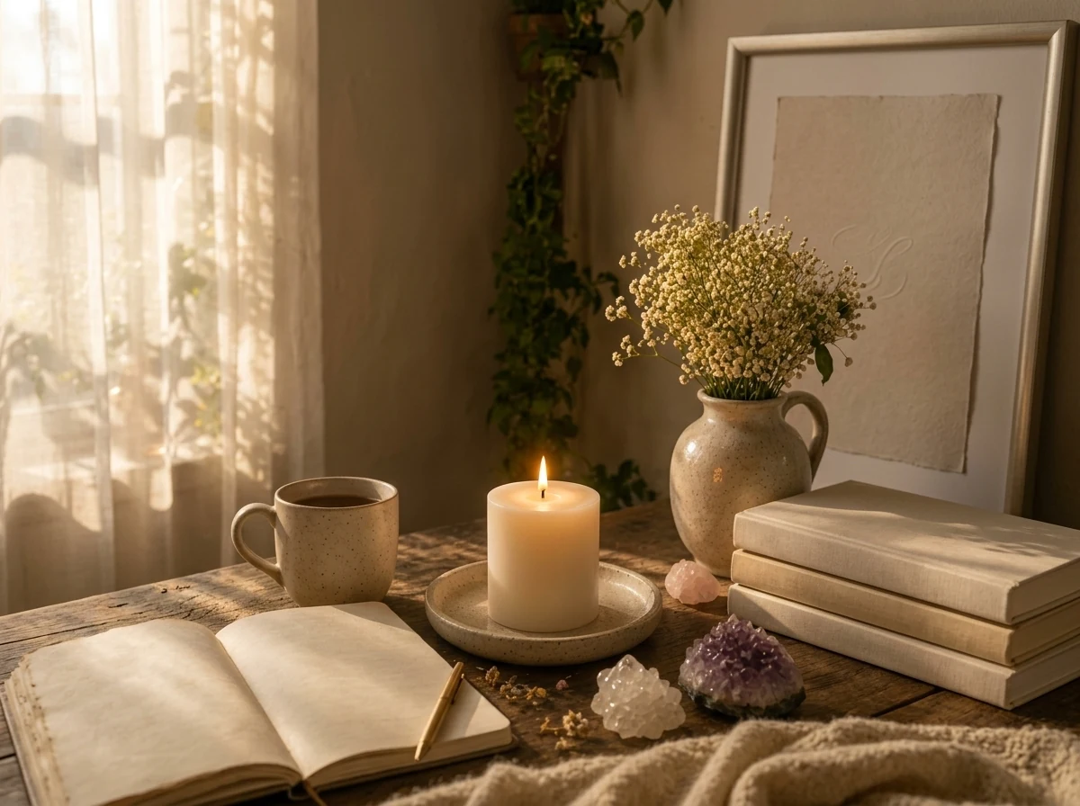 Libros conscientes, cuaderno, vela y flores en el refugio ELDANAI